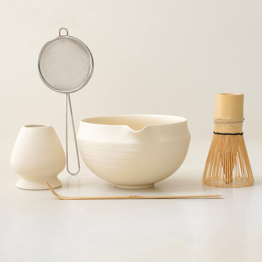 Cream matcha tea set with bowl, bamboo whisk, holder, scoop and sifter