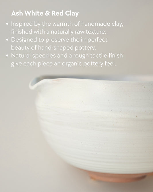White ceramic matcha bowl with folded rim and pouring spout