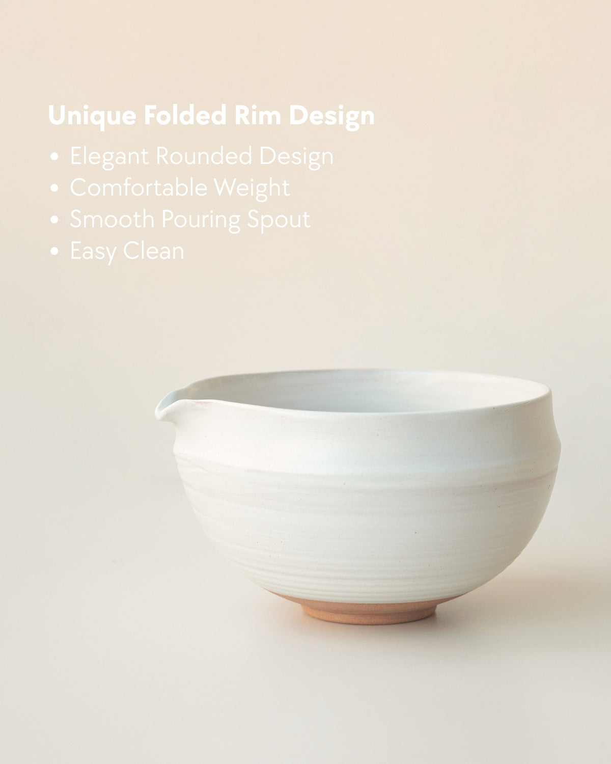 White ceramic matcha bowl with folded rim and pouring spout