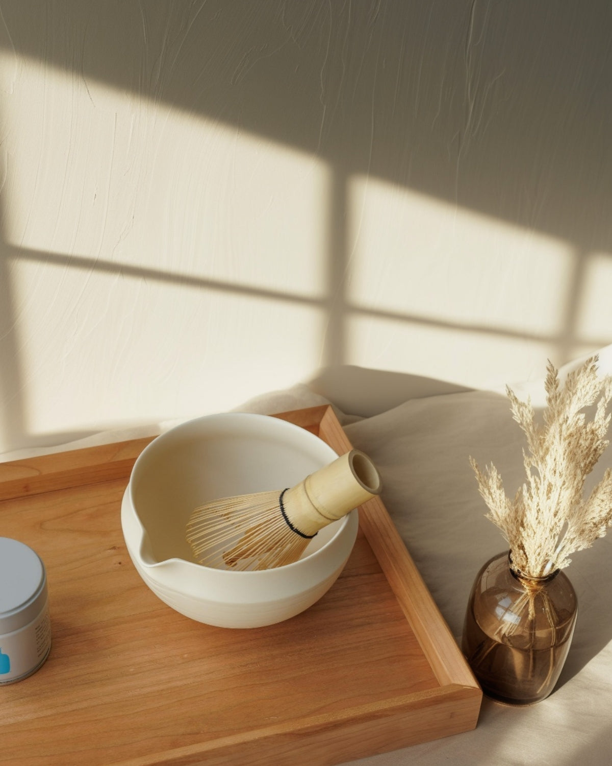 Cream matcha tea set with bowl, bamboo whisk, holder, scoop and sifter