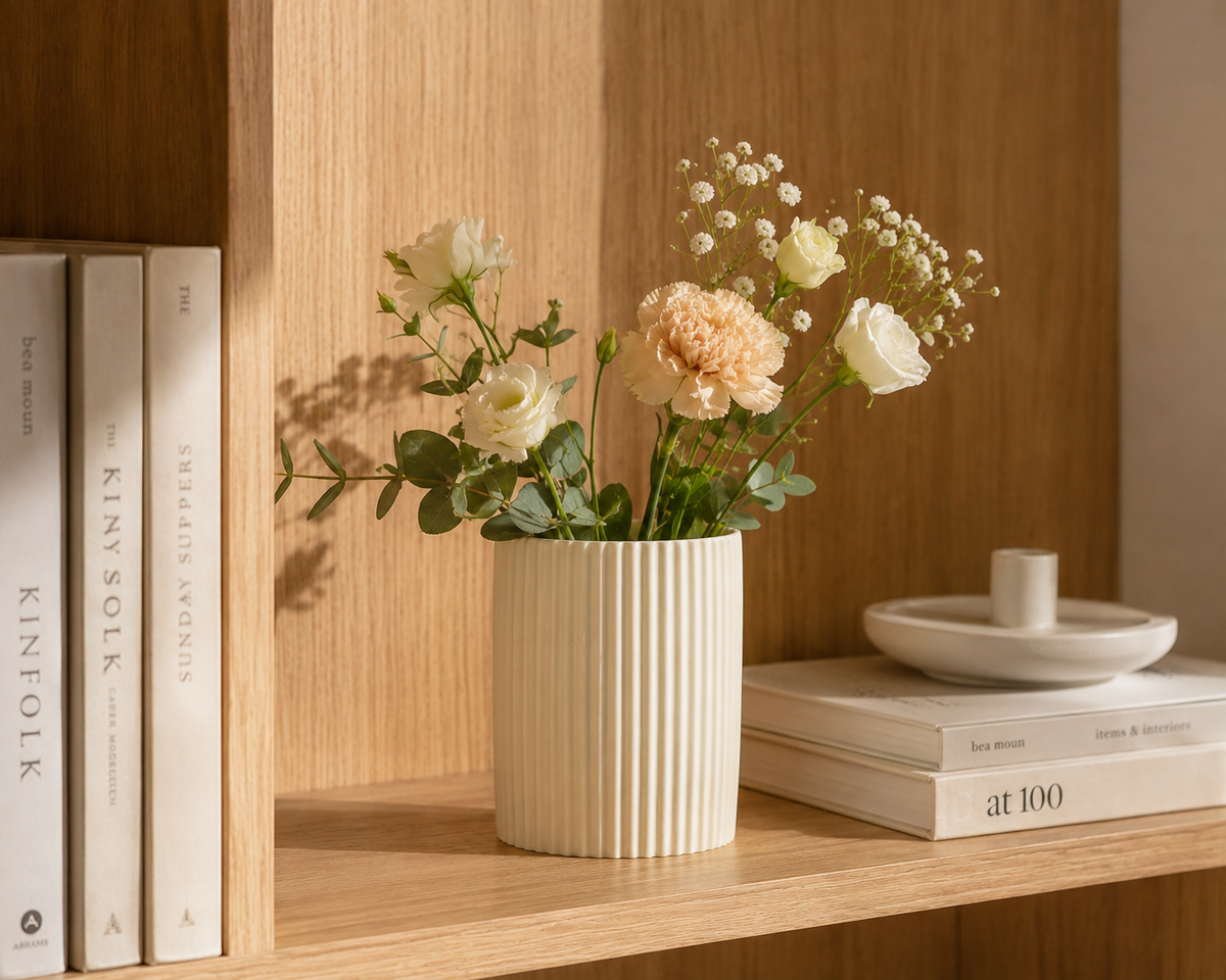 Cream cylindrical pen holder with fine vertical ribbing