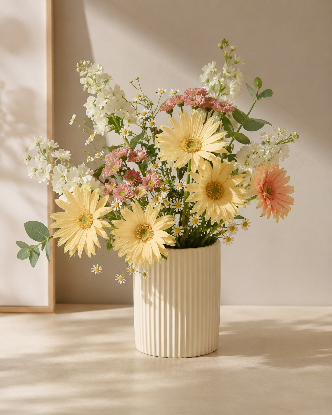 Cream cylindrical pen holder with fine vertical ribbing