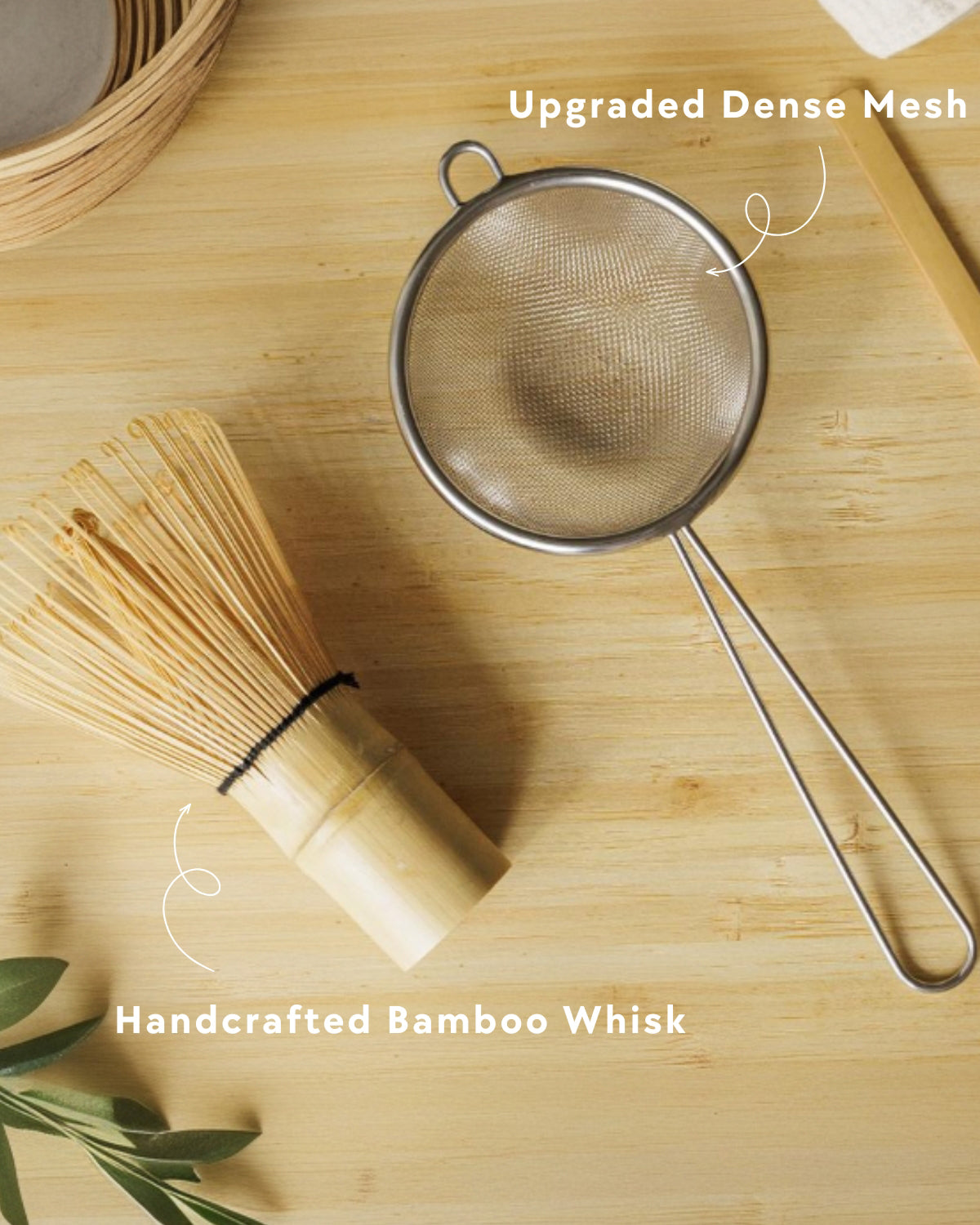 Cream matcha tea set with bowl, bamboo whisk, holder, scoop and sifter