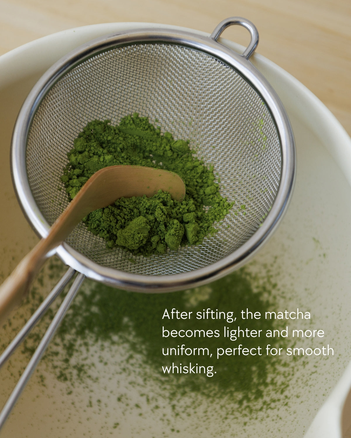 Cream matcha tea set with bowl, bamboo whisk, holder, scoop and sifter