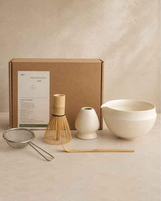 Cream matcha tea set with bowl, bamboo whisk, holder, scoop and sifter